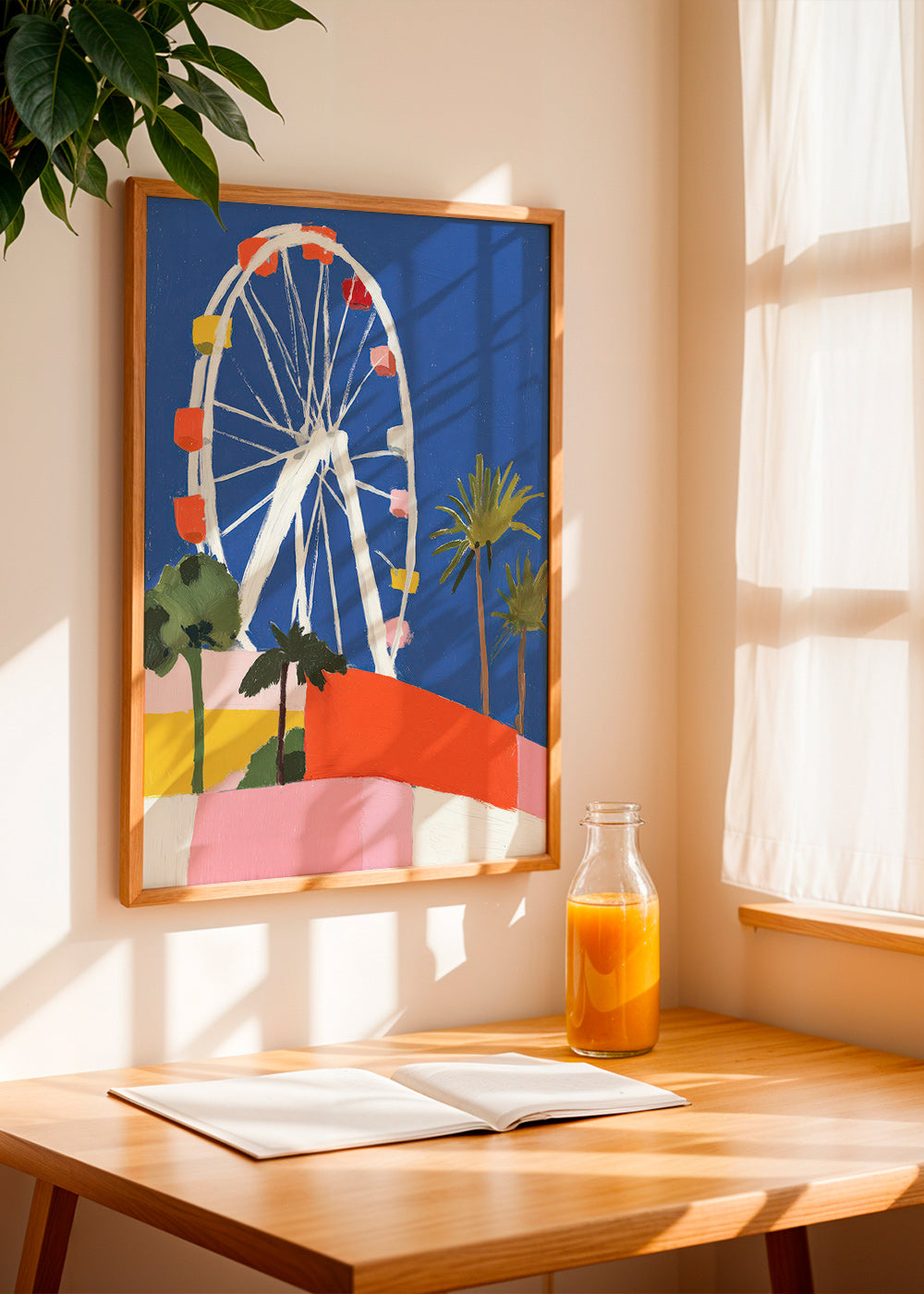 Travel poster with ferris wheel illustration