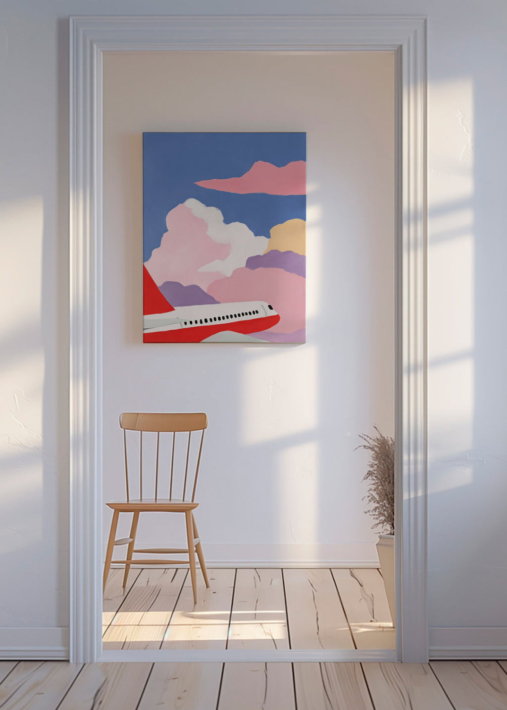 Illustration of airplane over pink clouds