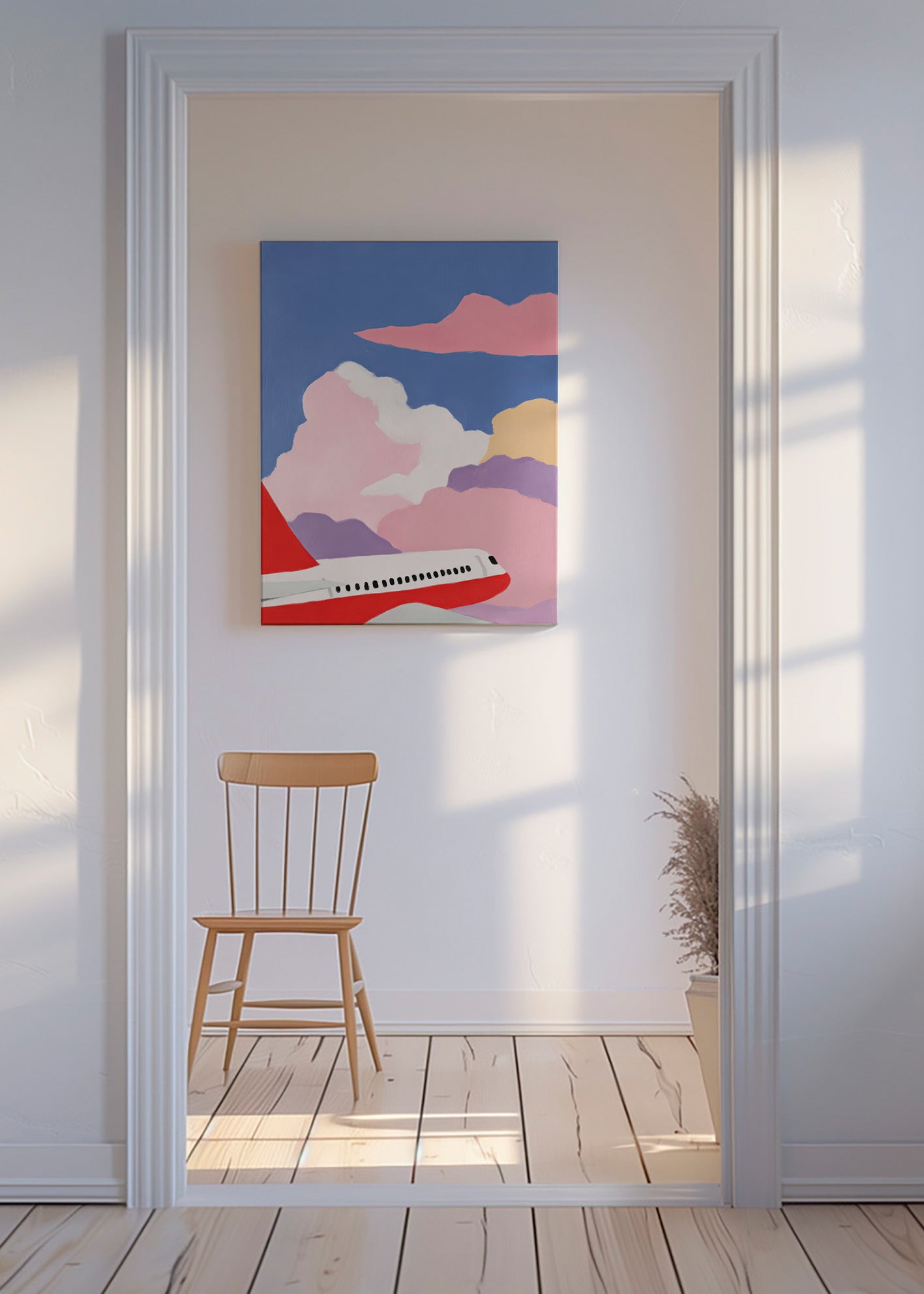 Illustration of airplane over pink clouds