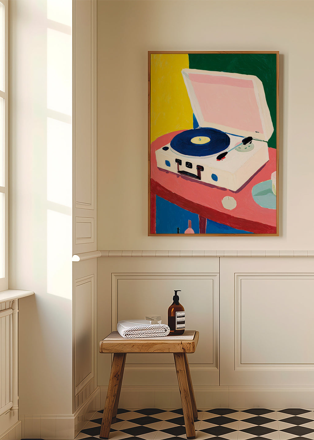 Illustration: vintage record player on table