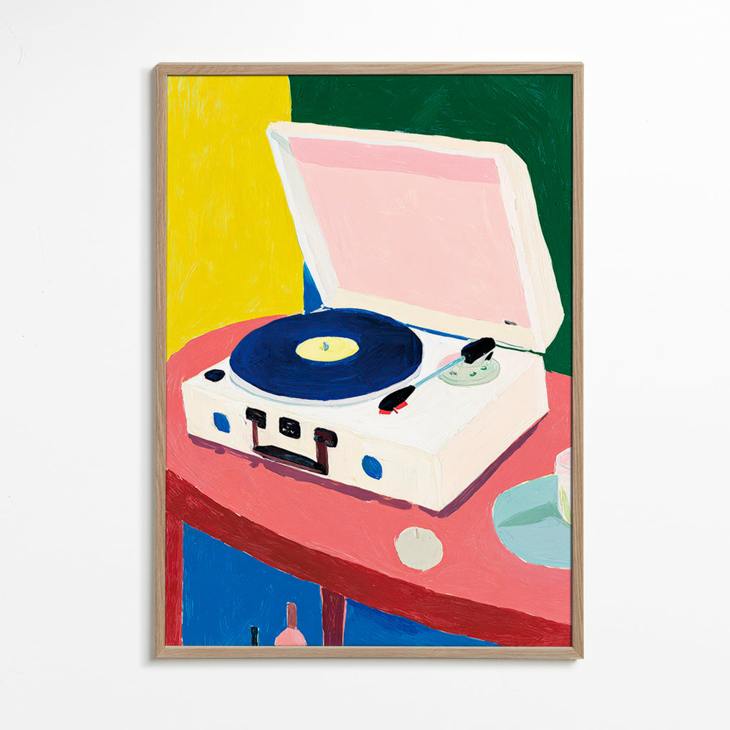 Illustration: vintage record player on table
