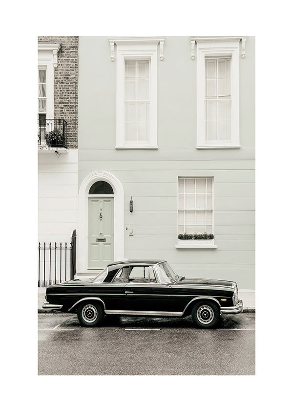 Vintage print classic car by a city facade