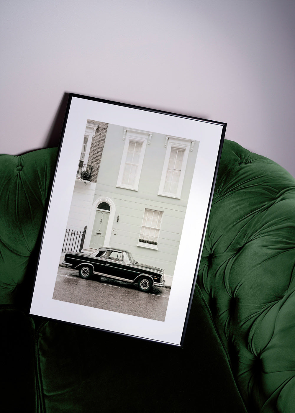 Vintage print classic car by a city facade