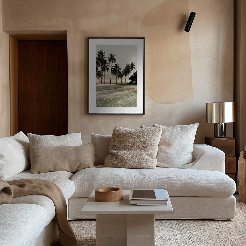 Landscape art with palms and a tennis court