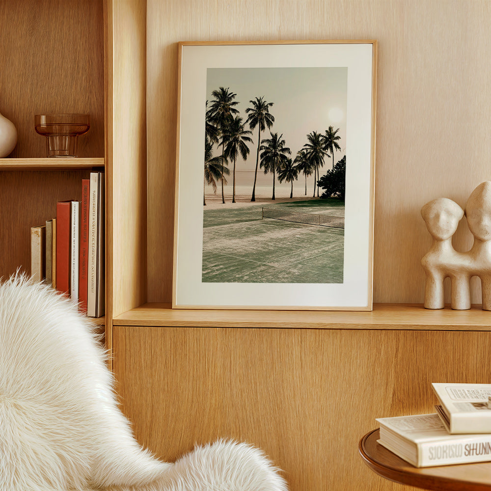 Landscape art with palms and a tennis court