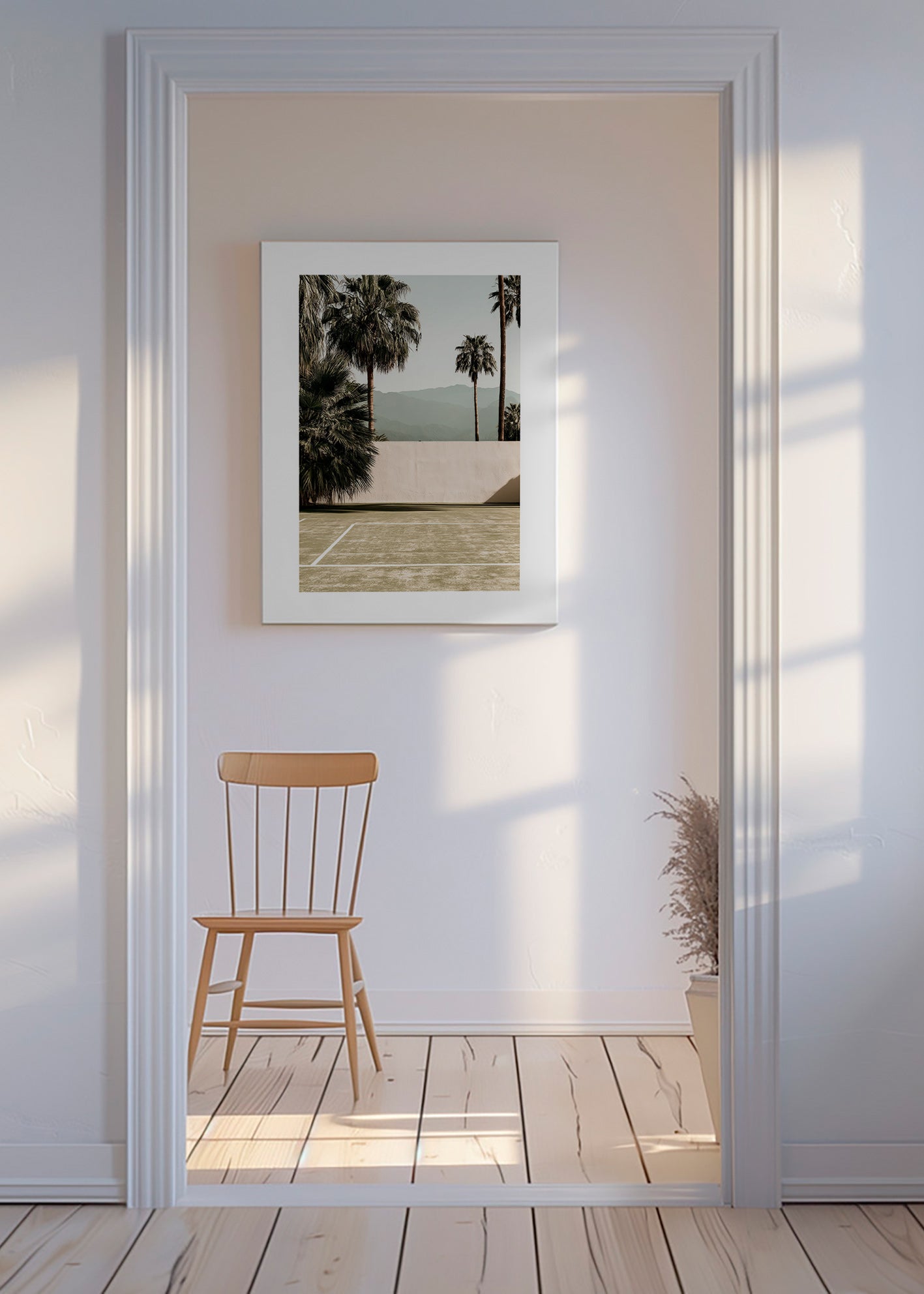 Landscape art with palms and minimal wall