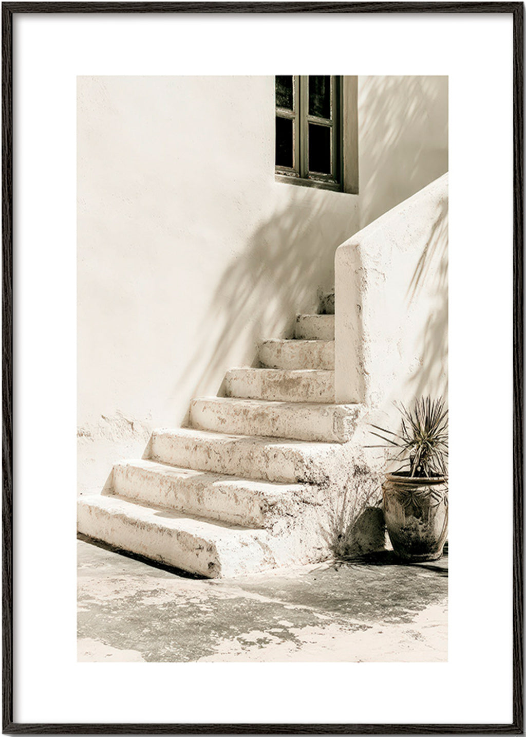 Photograph of white steps with plant