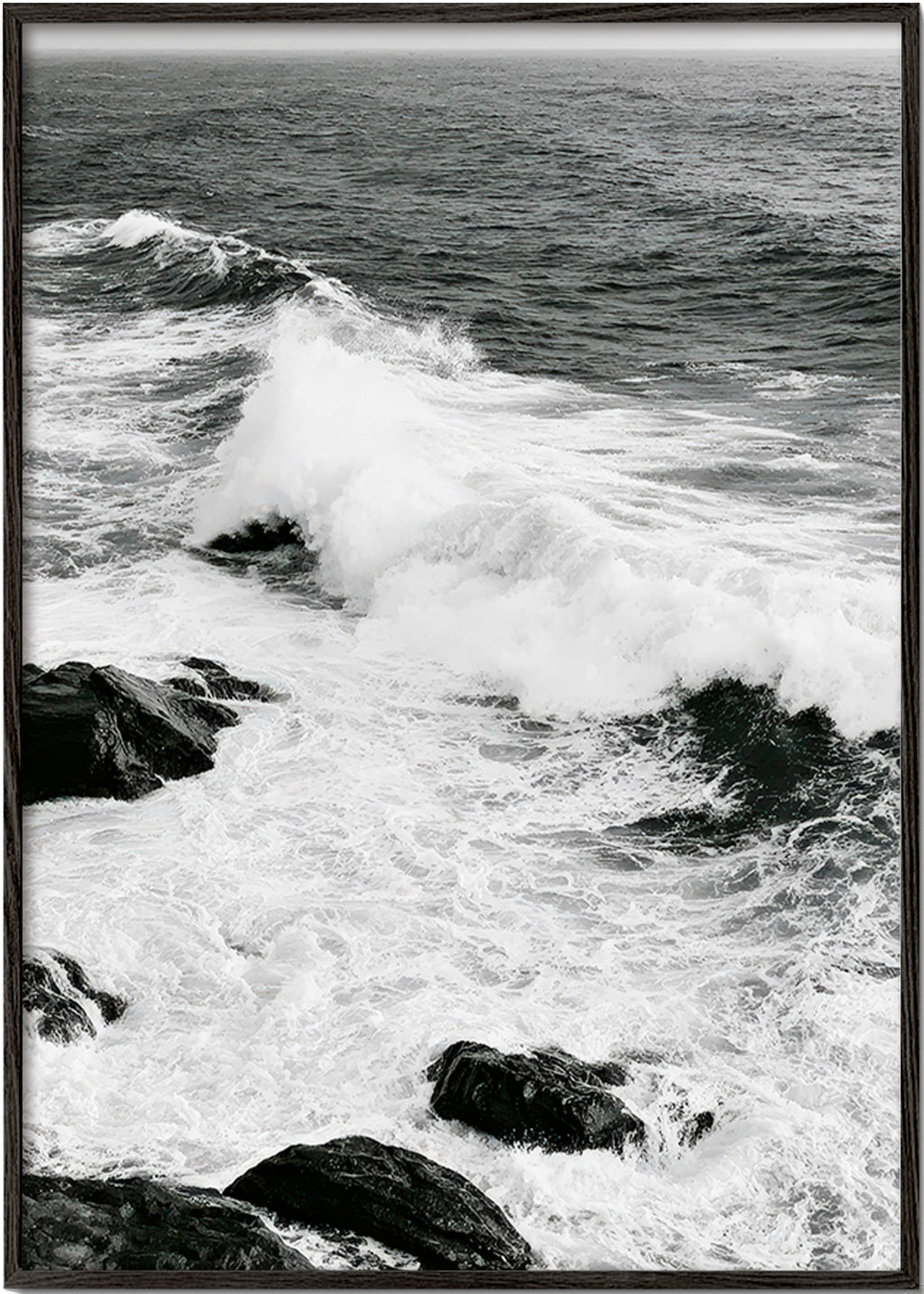 Landscape art of crashing waves in high-contrast black and white