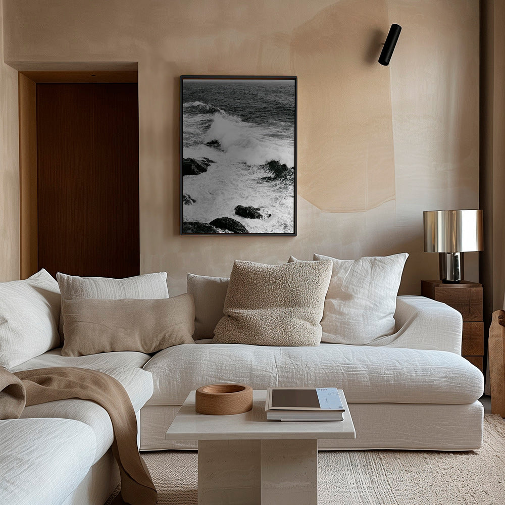Landscape art of crashing waves in high-contrast black and white