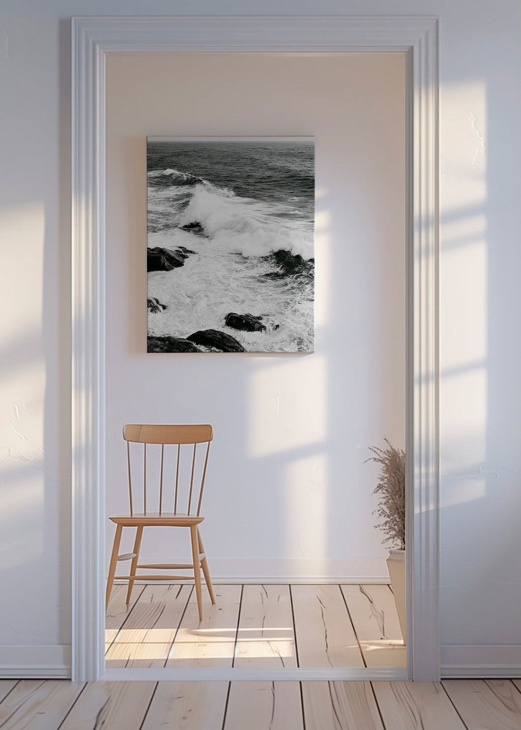 Landscape art of crashing waves in high-contrast black and white