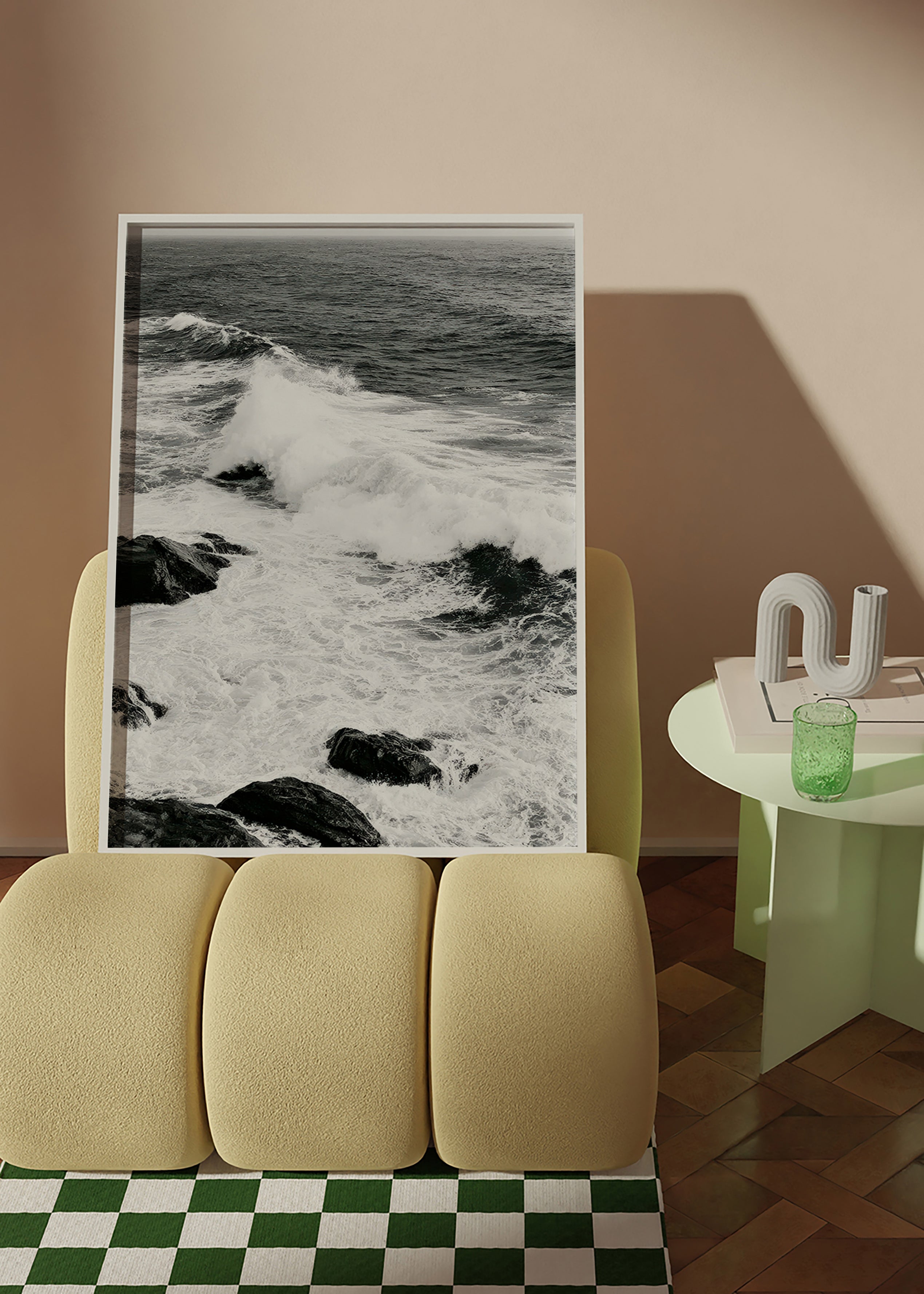 Landscape art of crashing waves in high-contrast black and white
