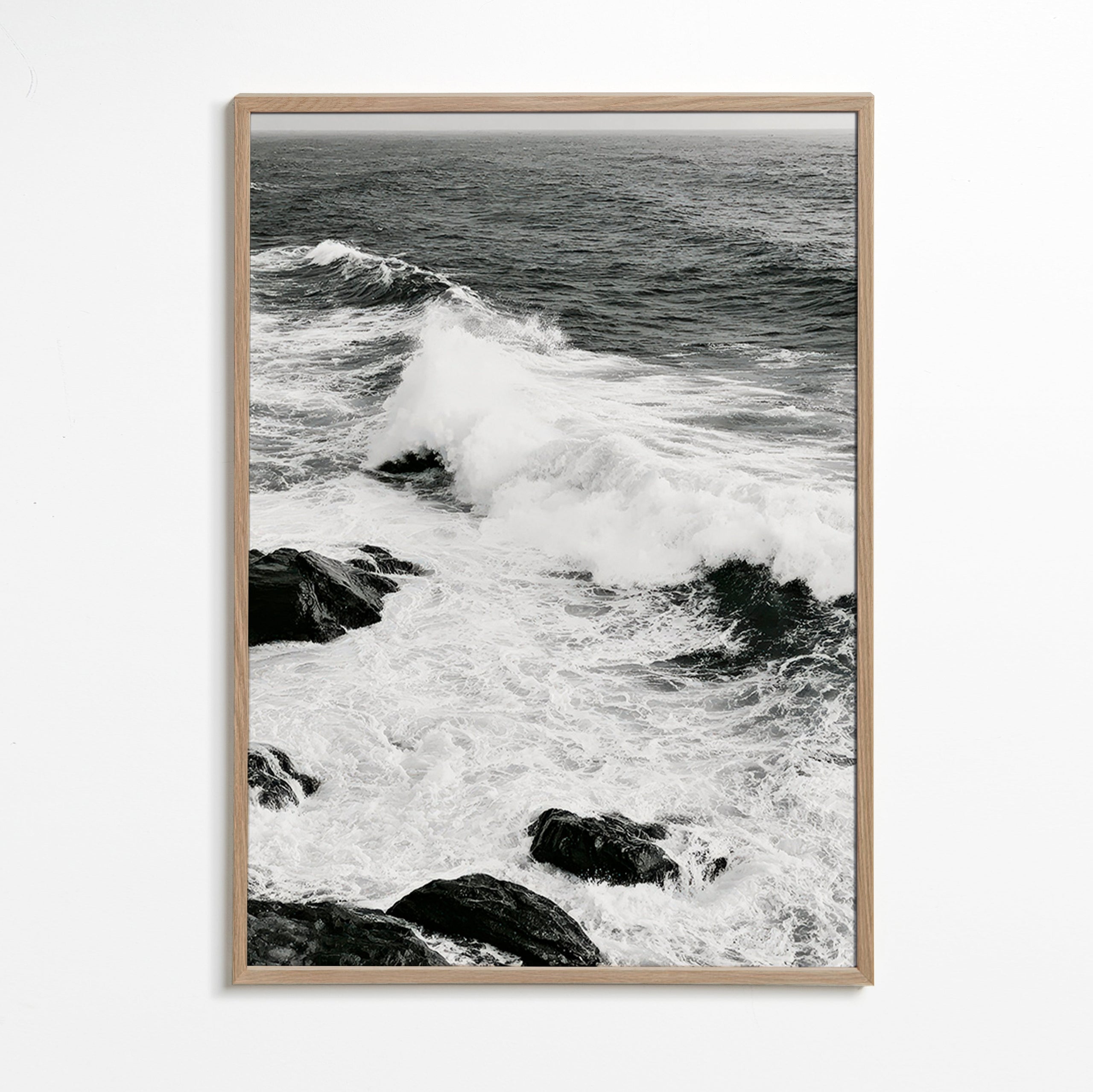 Landscape art of crashing waves in high-contrast black and white