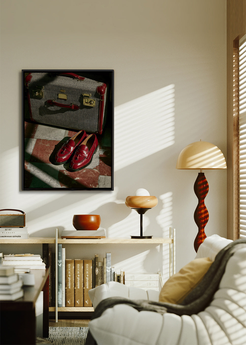Travel photograph with vintage suitcase and red loafers