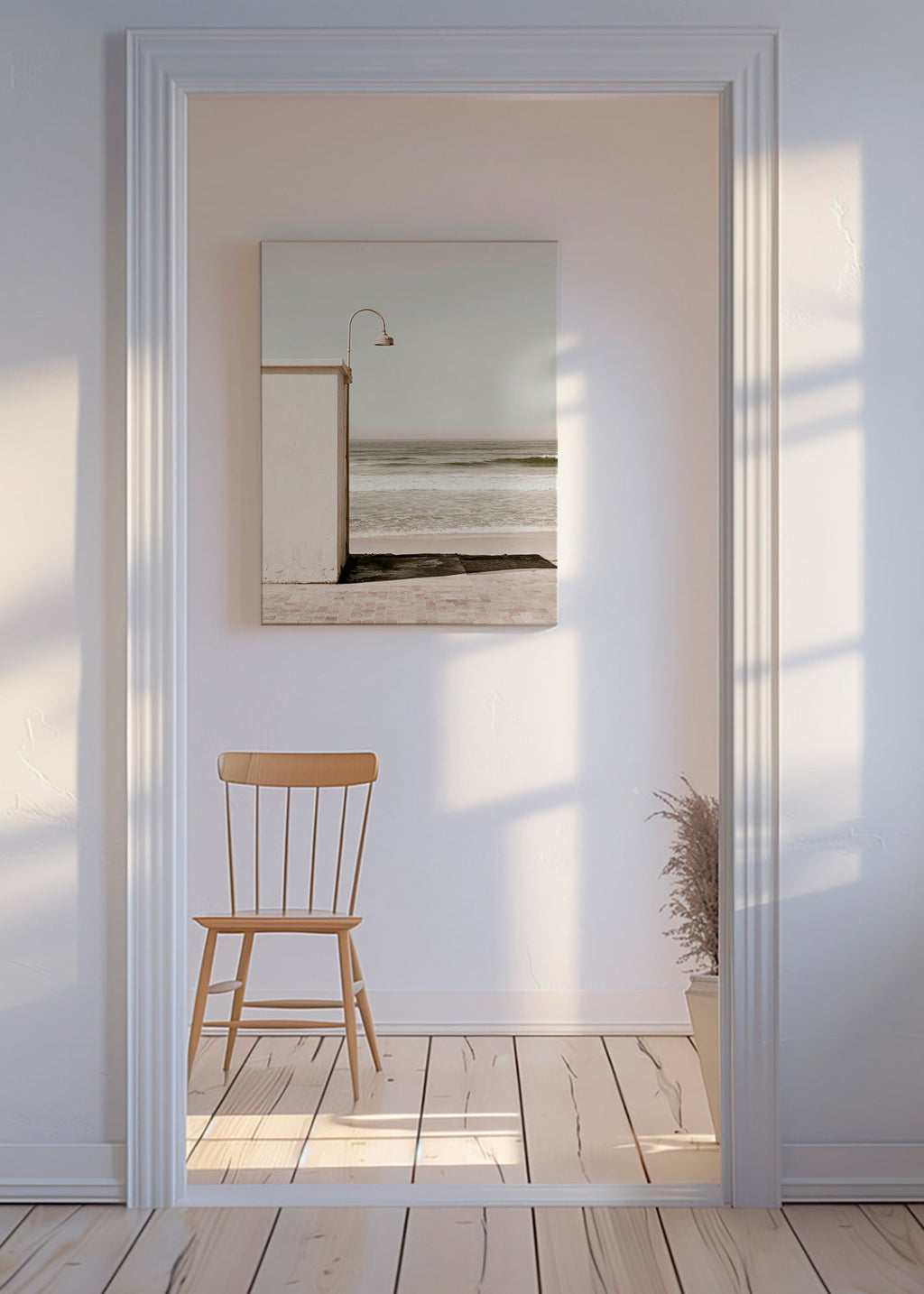 Landscape art: beach scene with wall lamp