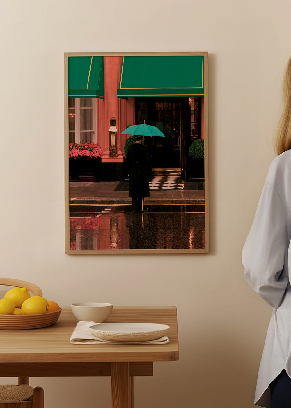City photograph: lone figure with umbrella and reflections