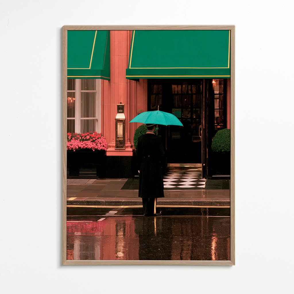 City photograph: lone figure with umbrella and reflections