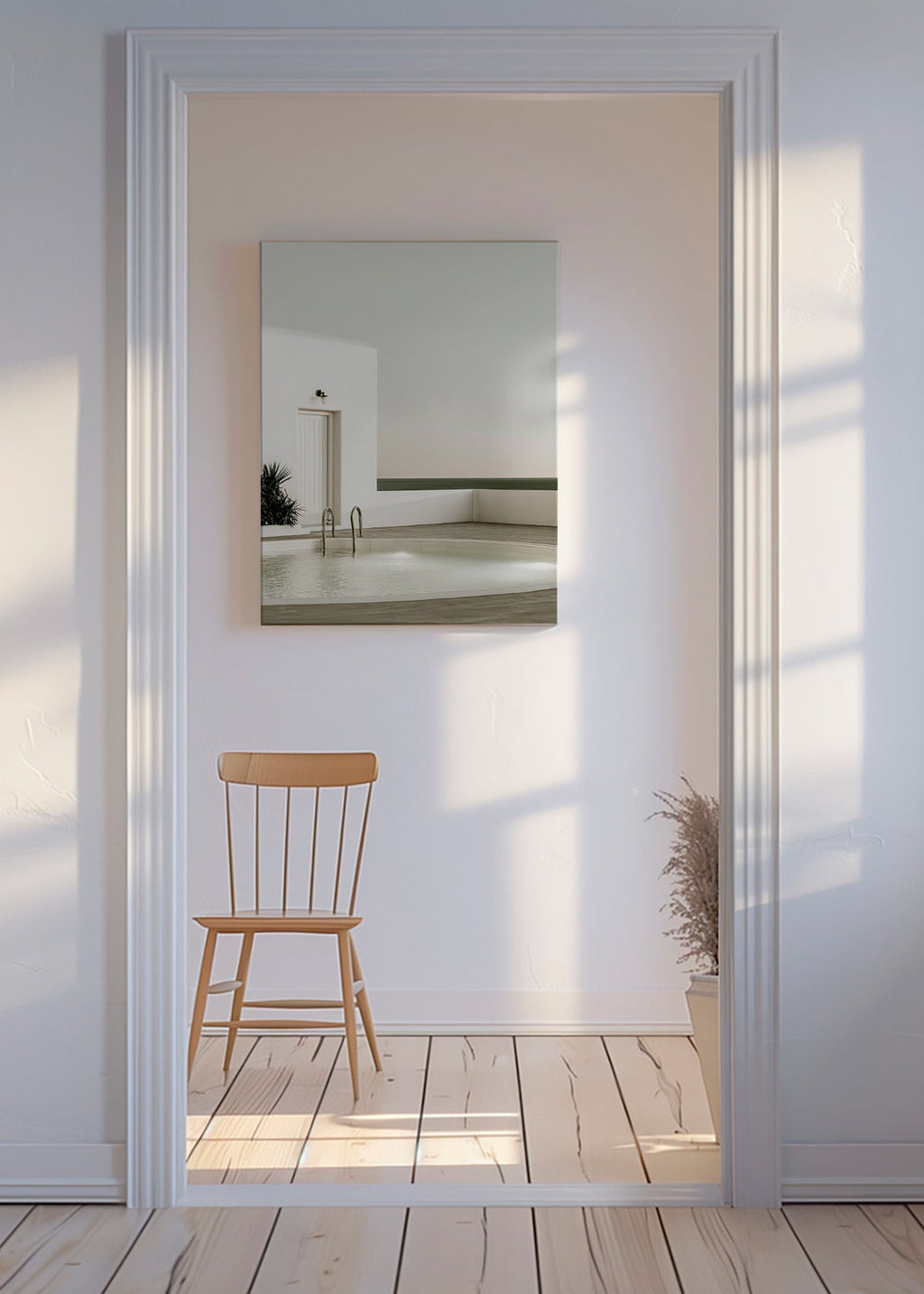 Photograph of a minimalist pool and white architecture