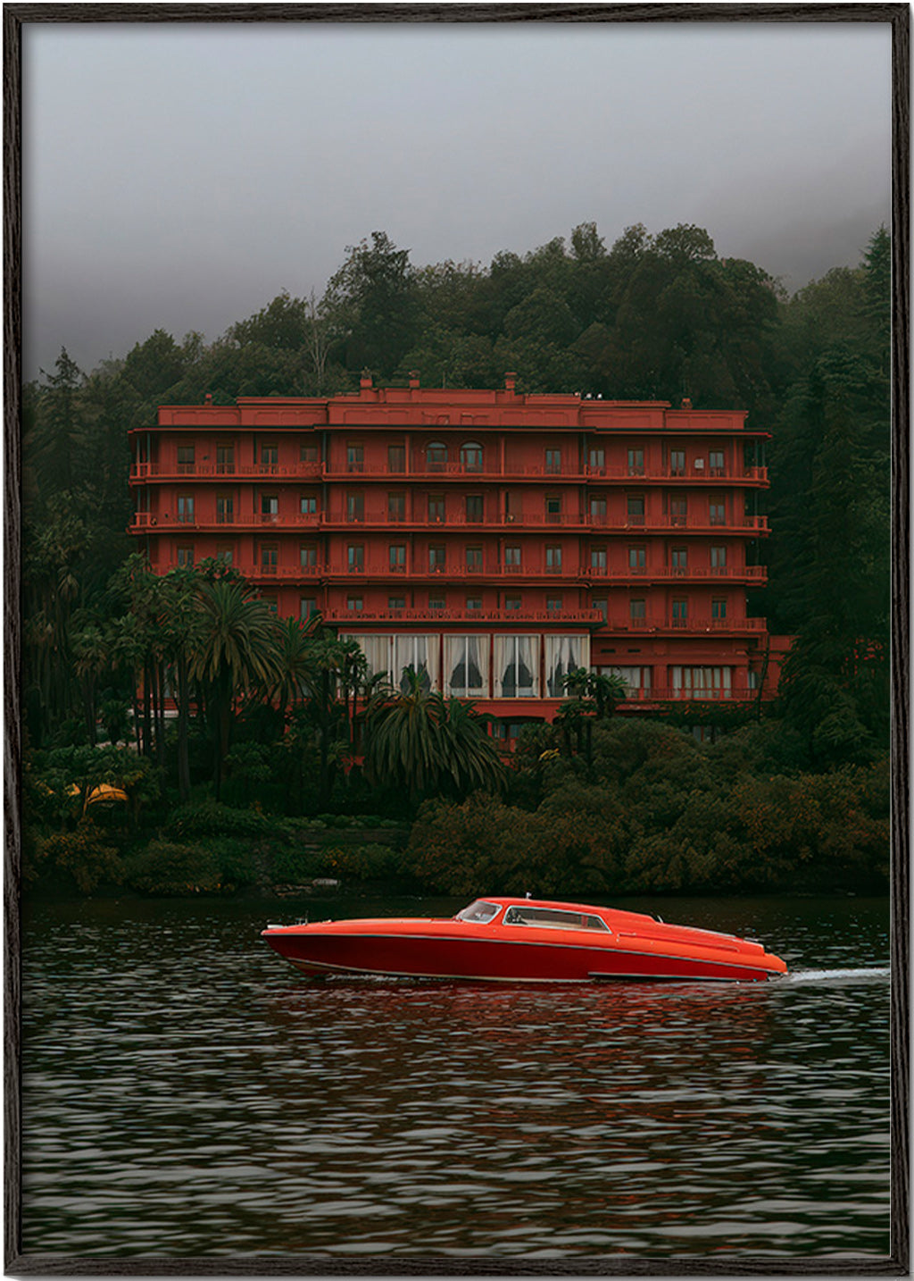 Landscape art: red hotel and speedboat
