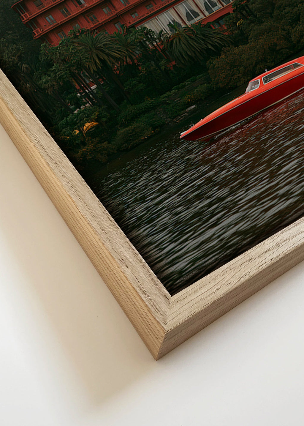 Landscape art: red hotel and speedboat