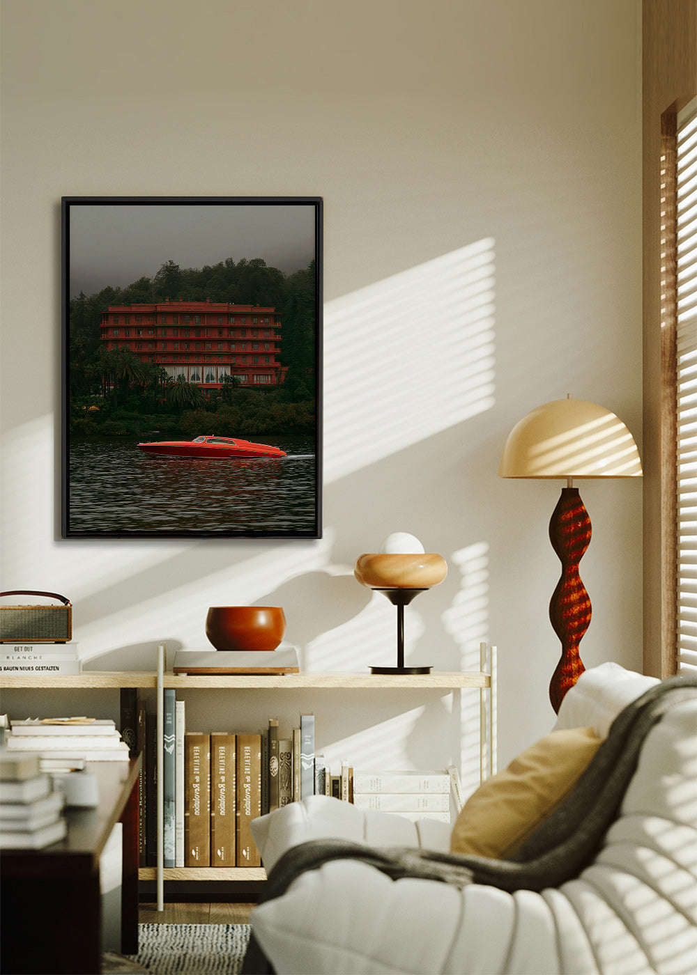 Landscape art: red hotel and speedboat