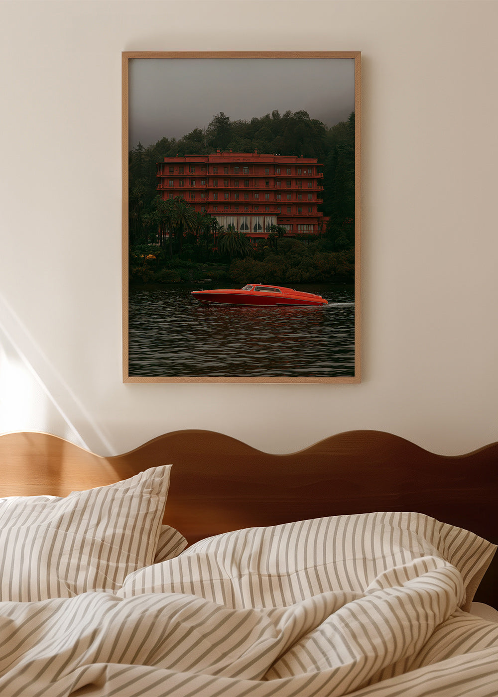 Landscape art: red hotel and speedboat