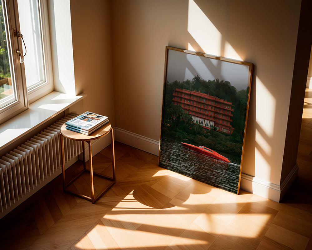 Landscape art: red hotel and speedboat