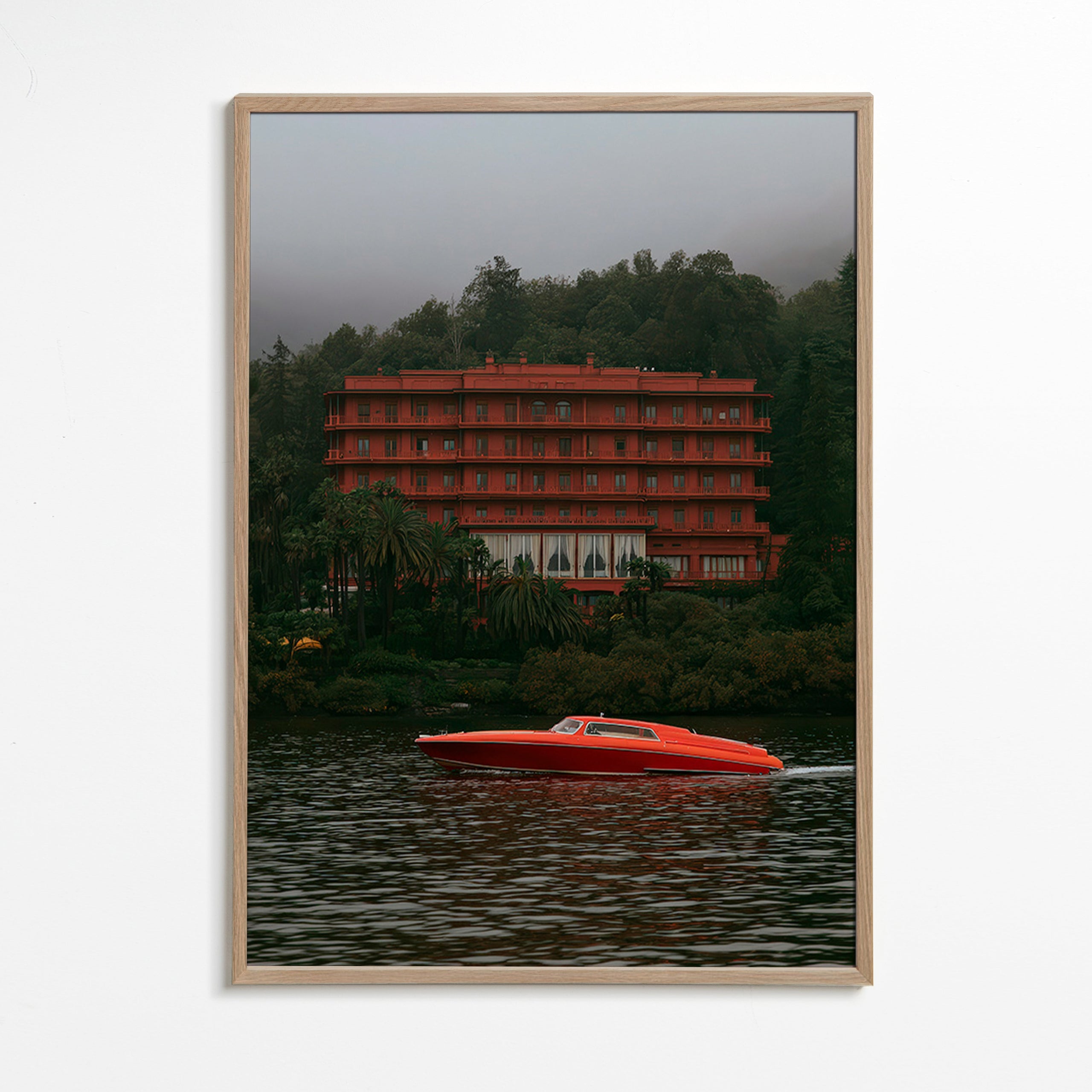Landscape art: red hotel and speedboat