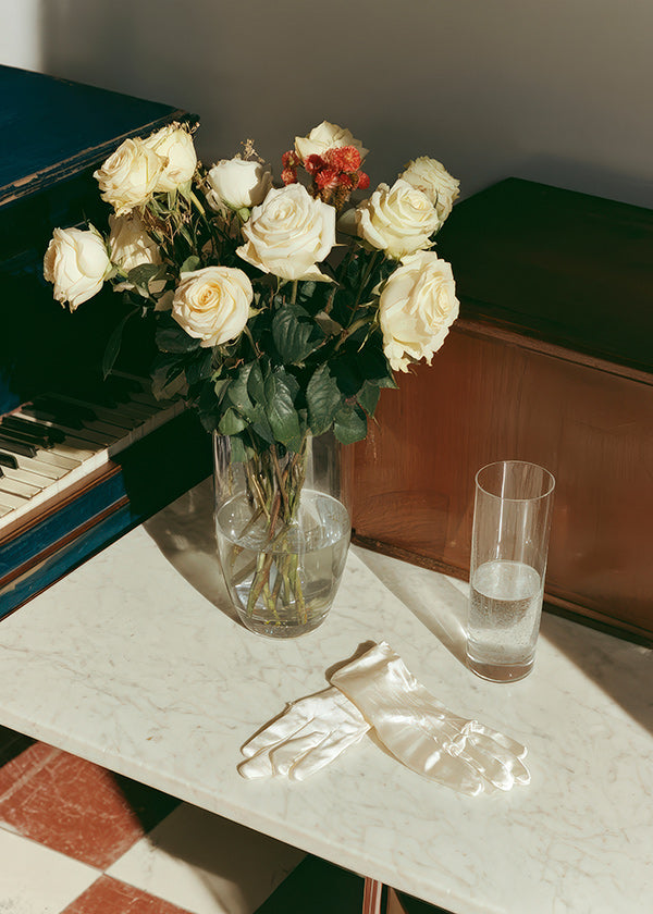 Botanical print with white roses