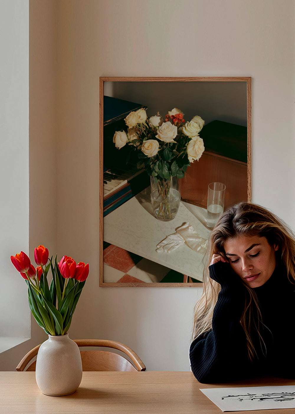 Botanical print with white roses