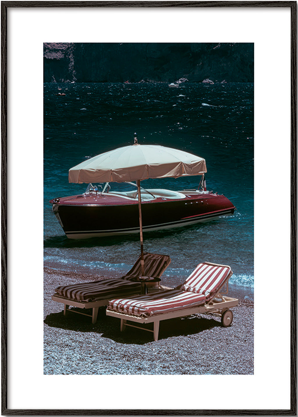 Landscape print: classic boat and loungers by the lake