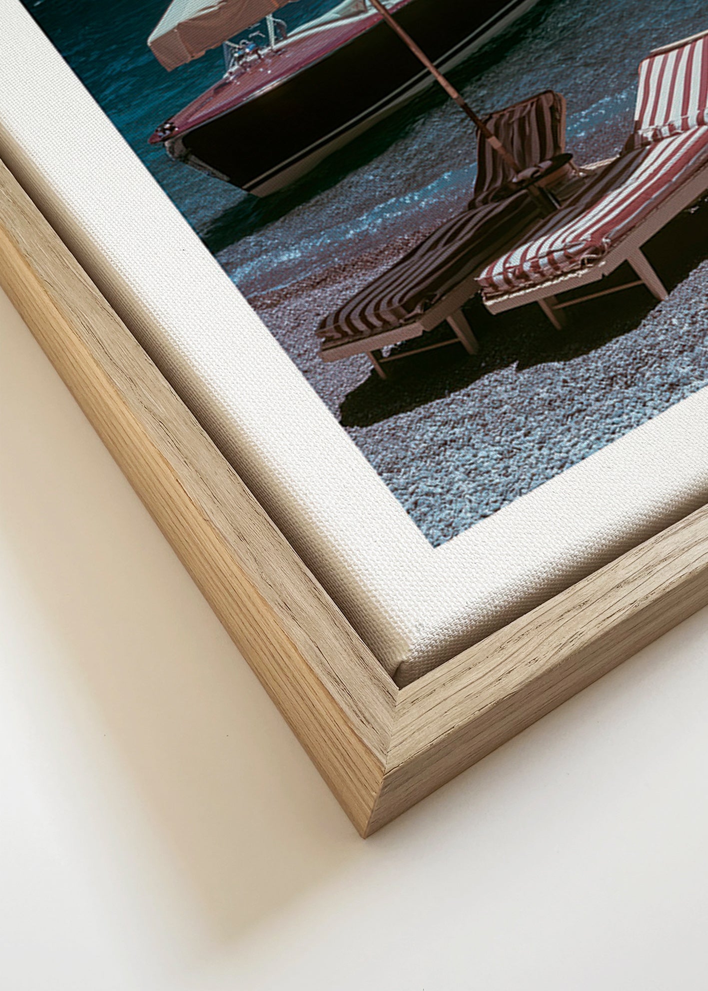 Landscape print: classic boat and loungers by the lake