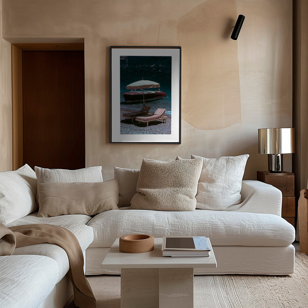 Landscape print: classic boat and loungers by the lake