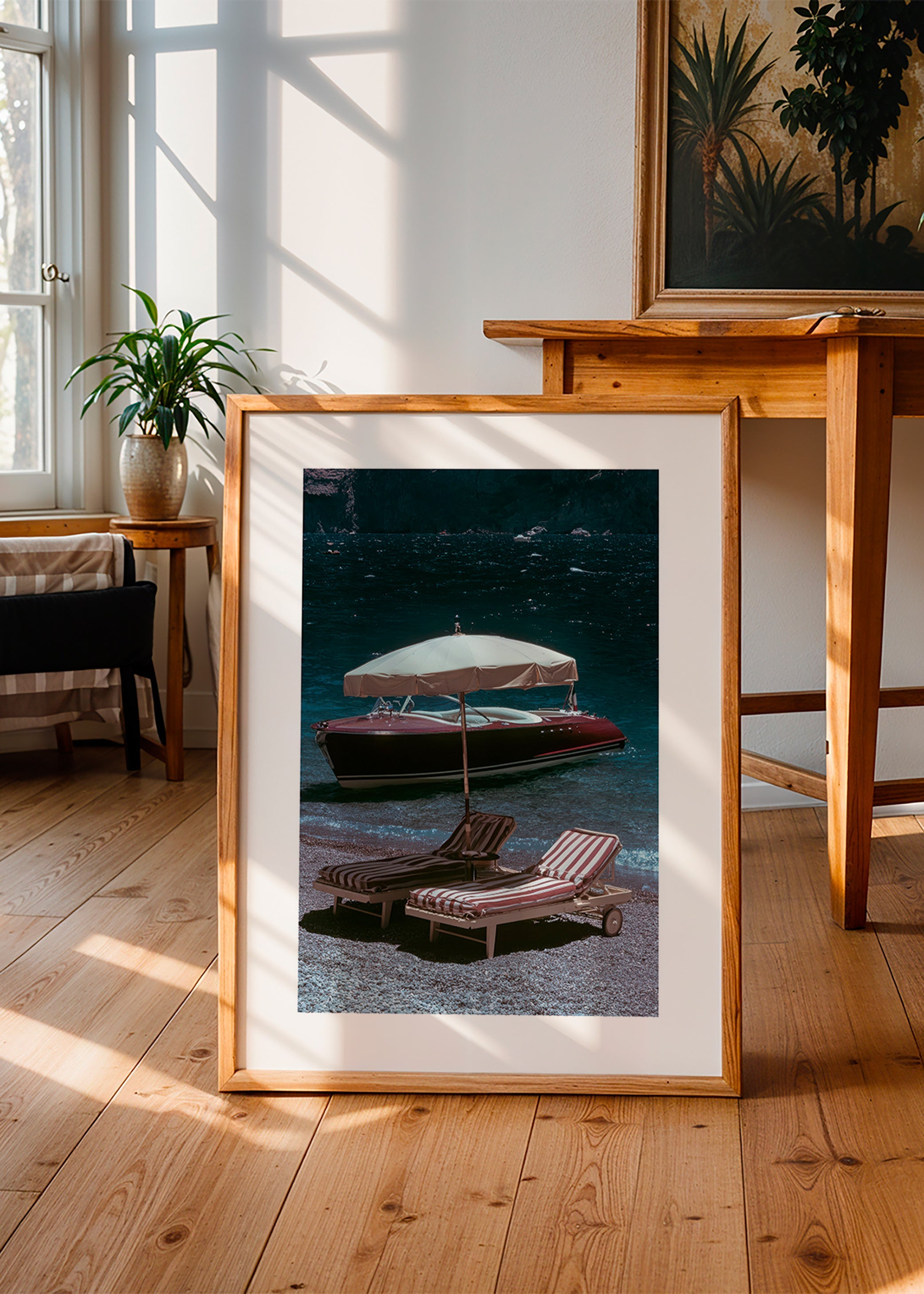 Landscape print: classic boat and loungers by the lake