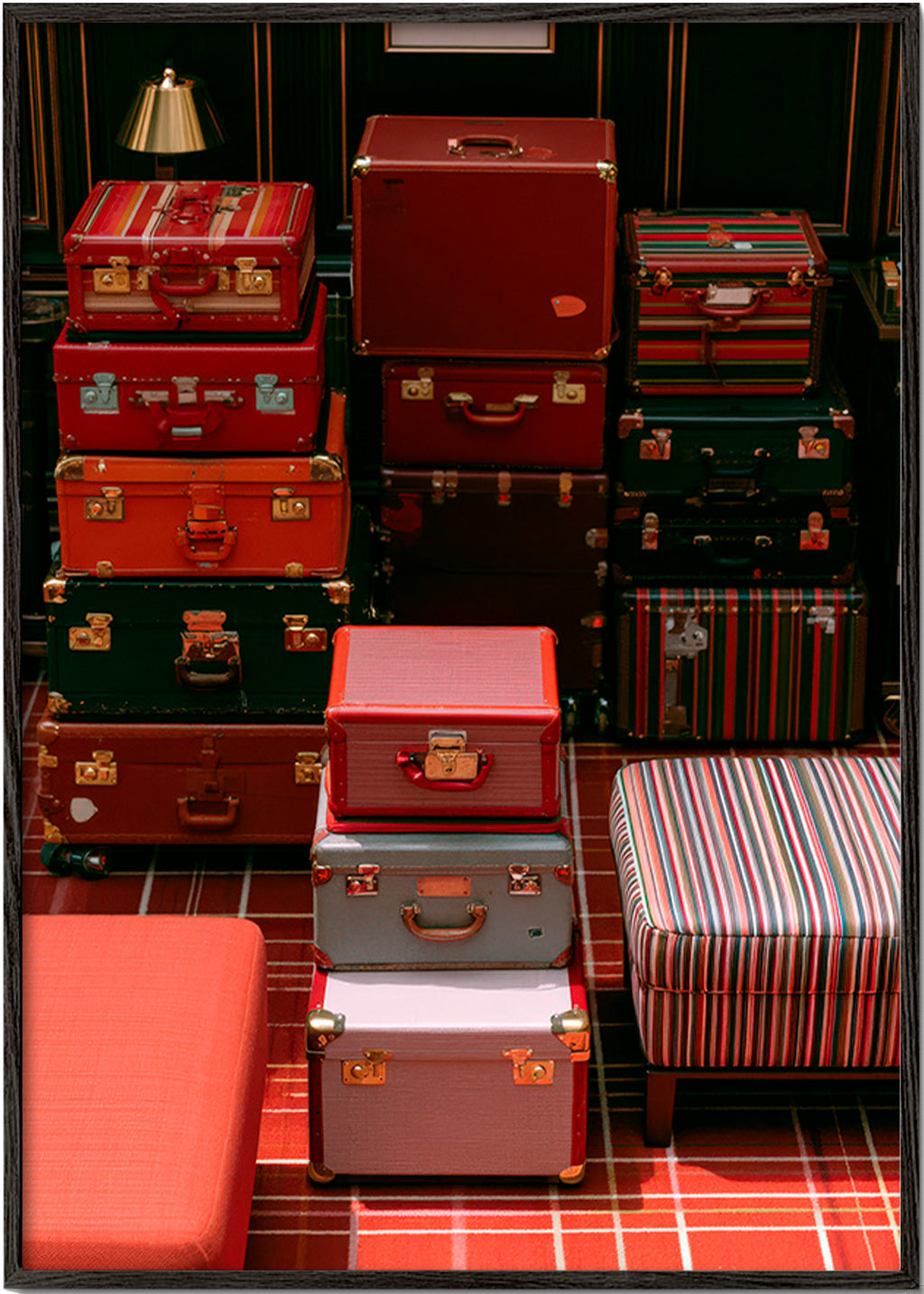 Travel art with stacked red luggage