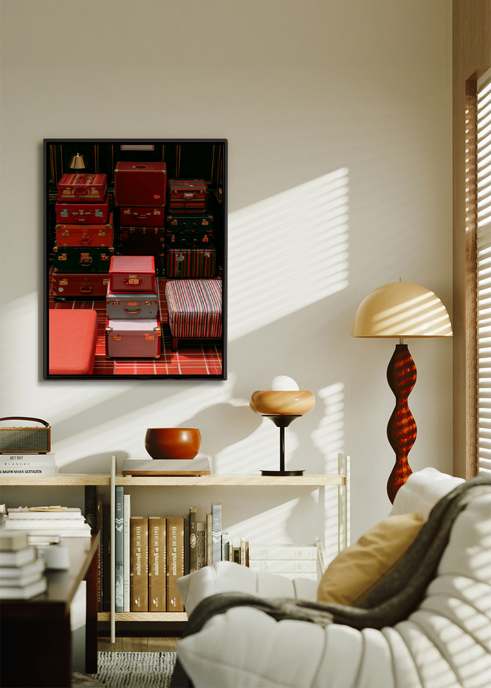 Travel art with stacked red luggage
