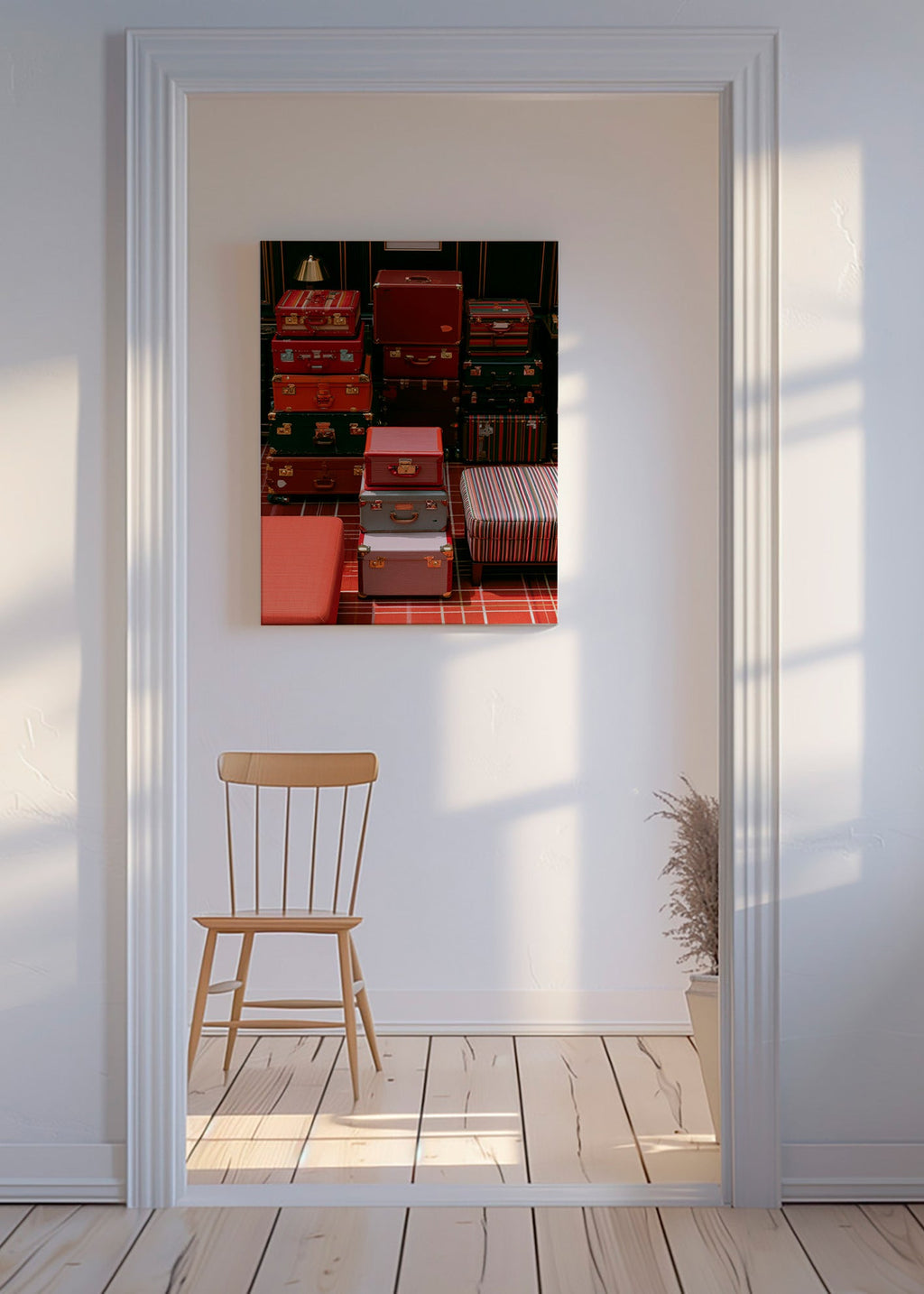 Travel art with stacked red luggage