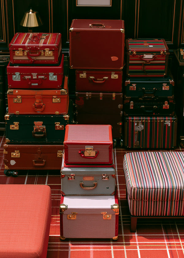 Travel art with stacked red luggage