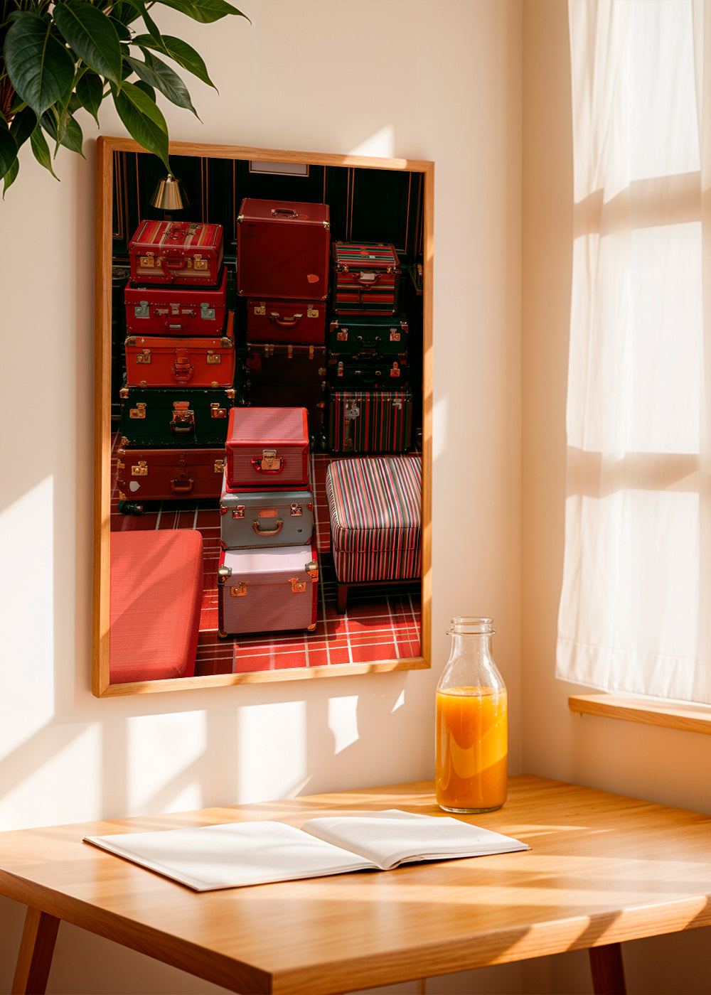 Travel art with stacked red luggage
