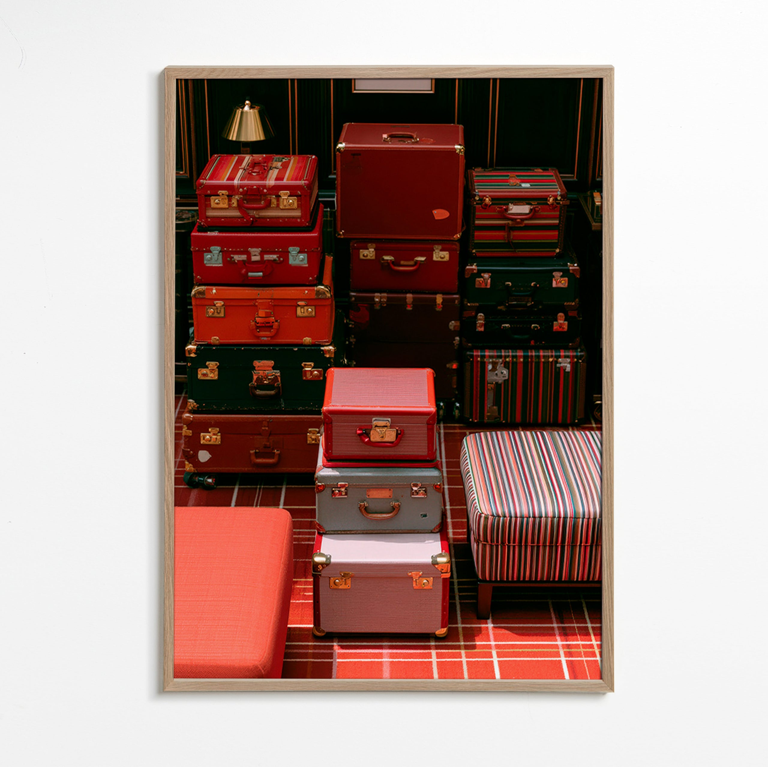 Travel art with stacked red luggage