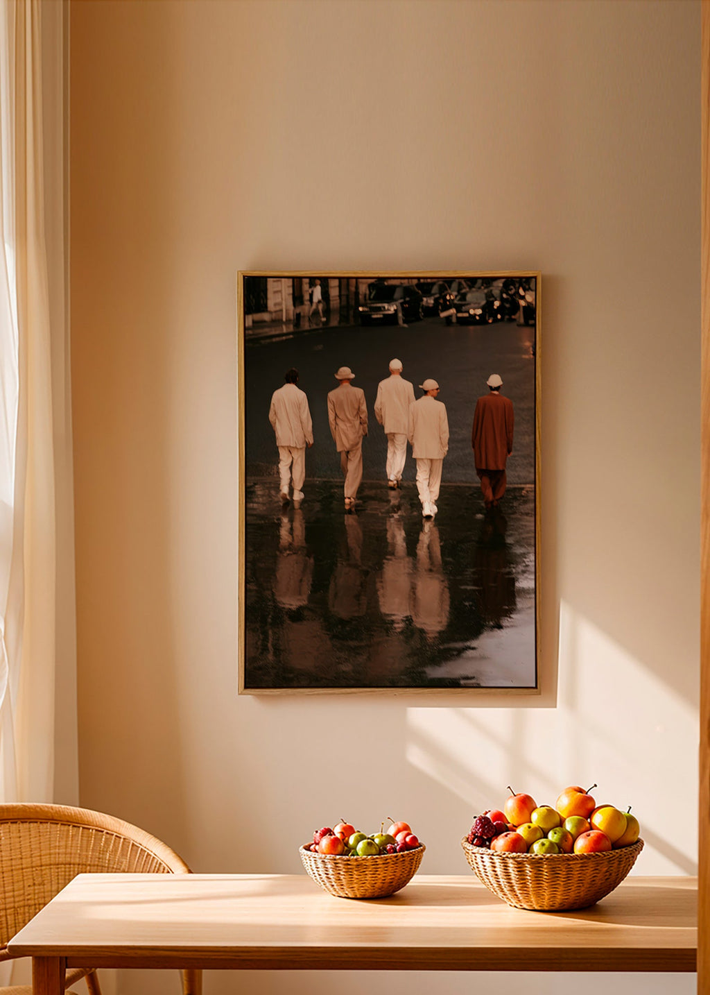 Photograph: five figures walking on a wet street
