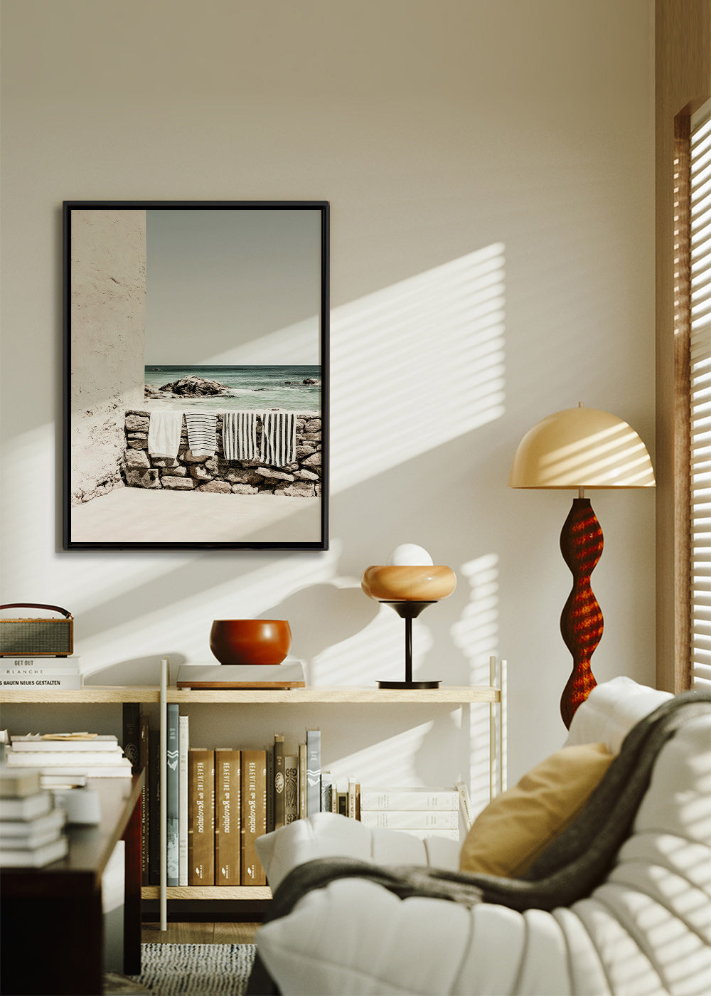 Coastal landscape photograph with hanging towels