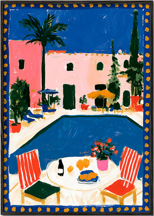 Travel poster: pink villa with pool