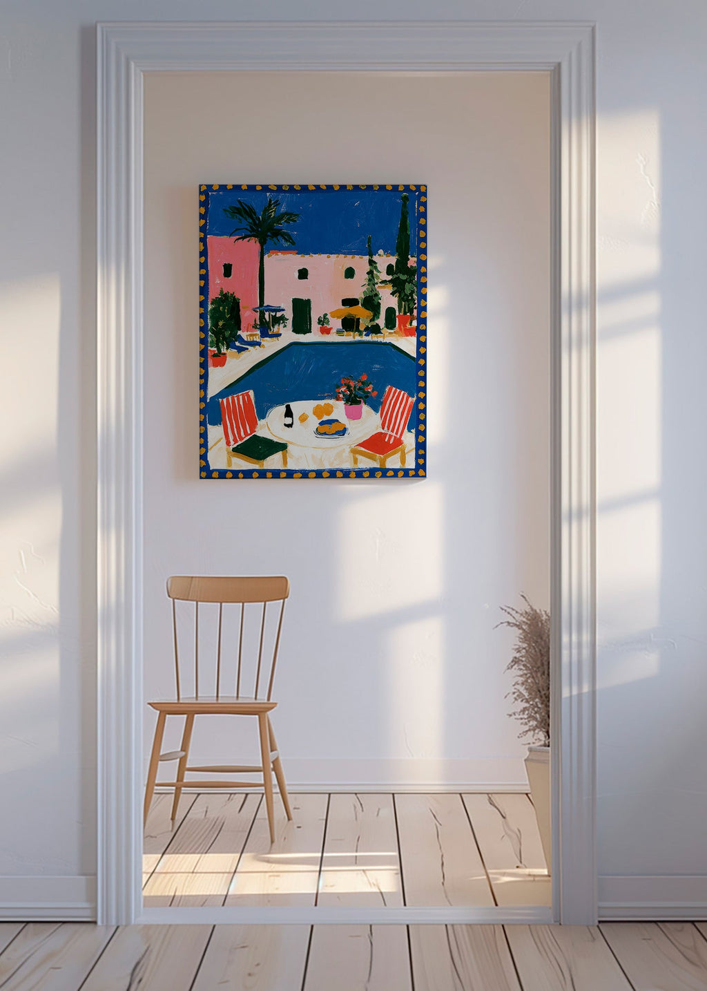 Travel poster: pink villa with pool