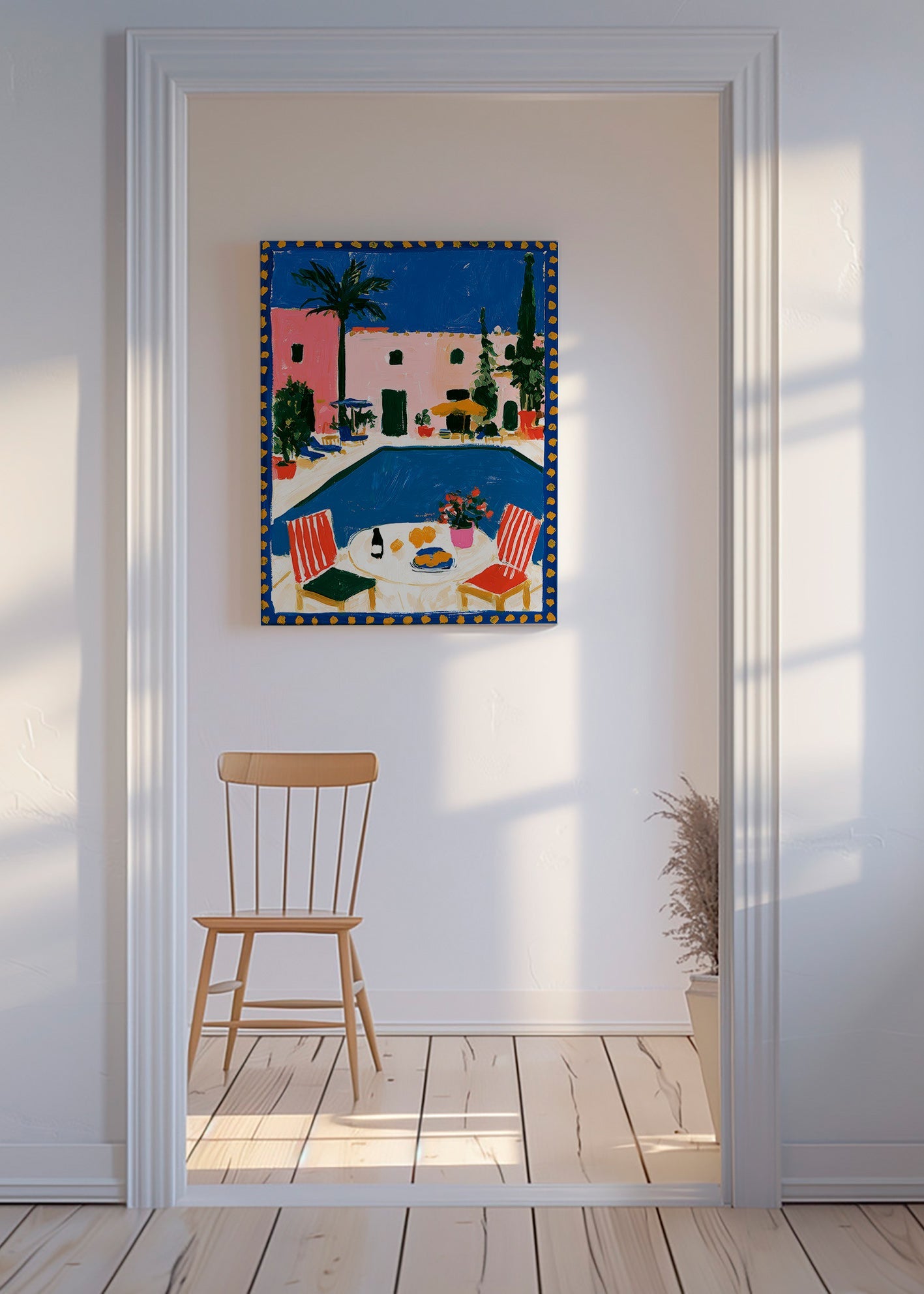 Travel poster: pink villa with pool