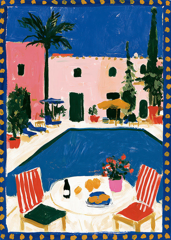 Travel poster: pink villa with pool