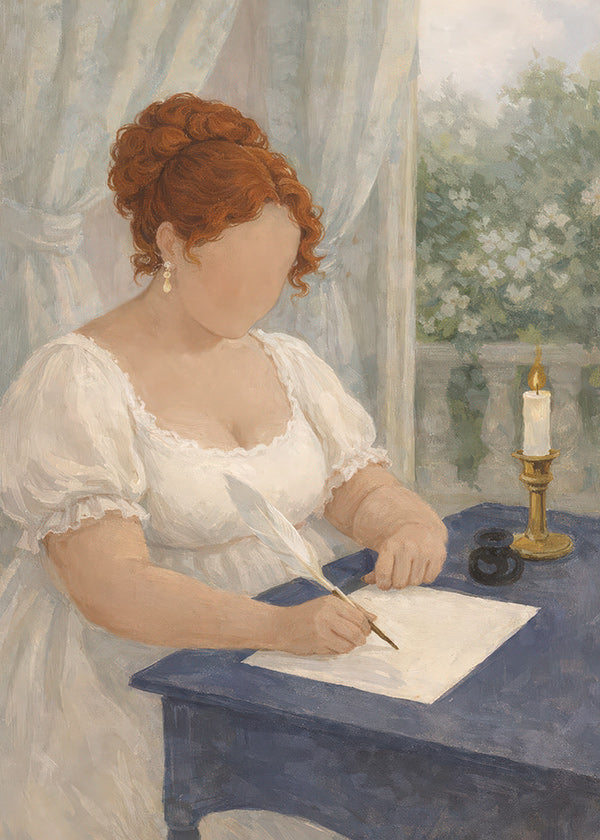 Illustration of a lady writing by candlelight