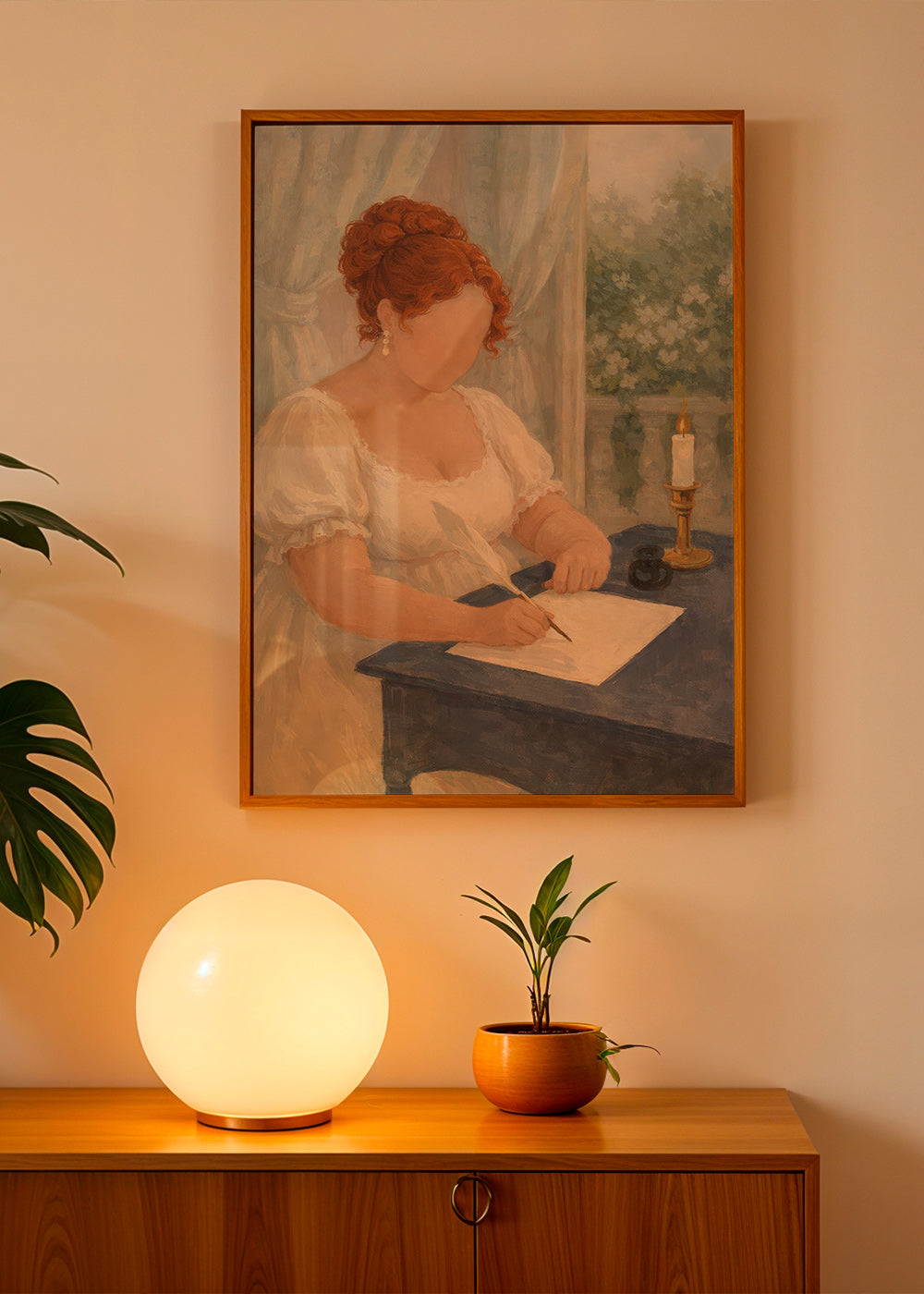 Illustration of a lady writing by candlelight