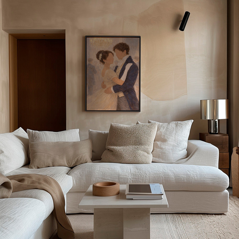 Illustration of a romantic dance in a vintage hall