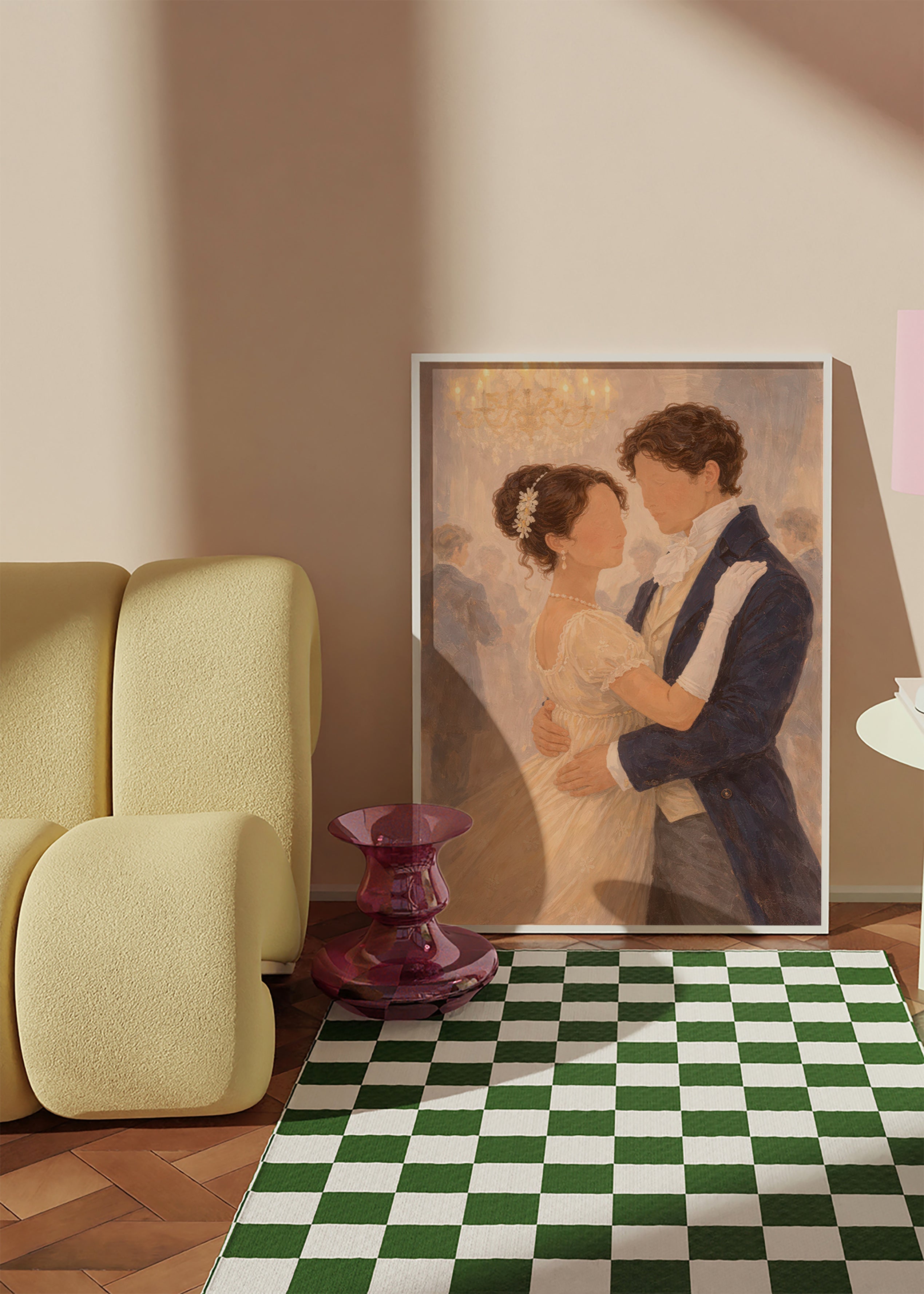 Illustration of a romantic dance in a vintage hall